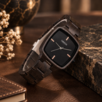 Orion Noir Holzuhr auf Marmor und Leder – edler Lifestyle