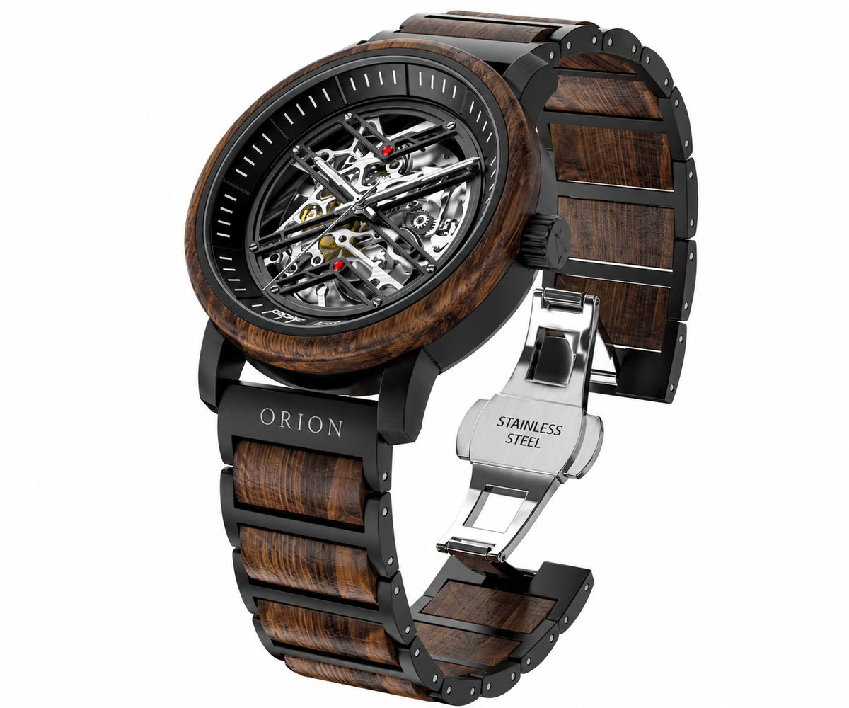 Orion Axis – Mechanische Herrenuhr aus Holz mit Skelett-Zifferblatt