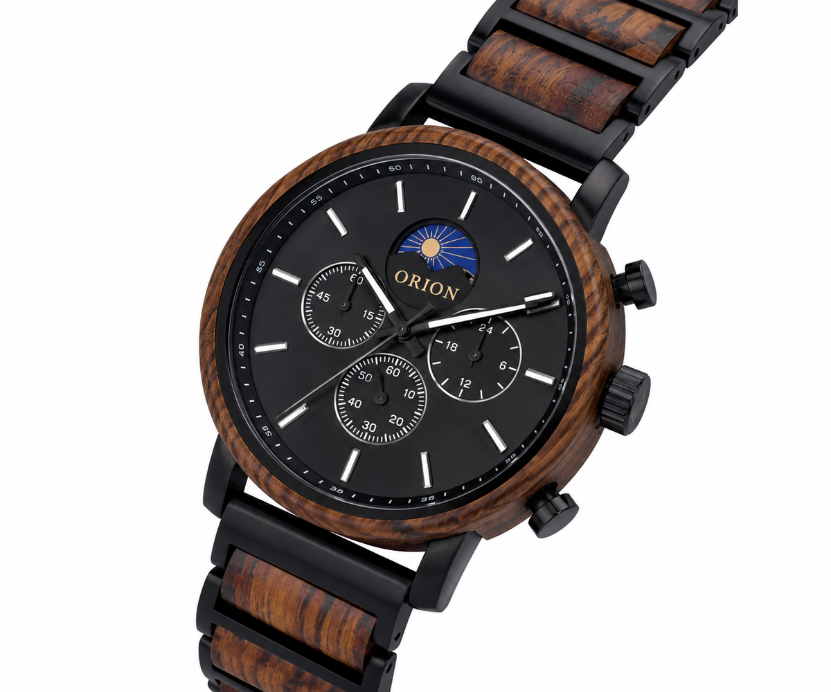 Orion Eclipse – Herrenuhr aus Holz mit Mondphase & Totalisatoren