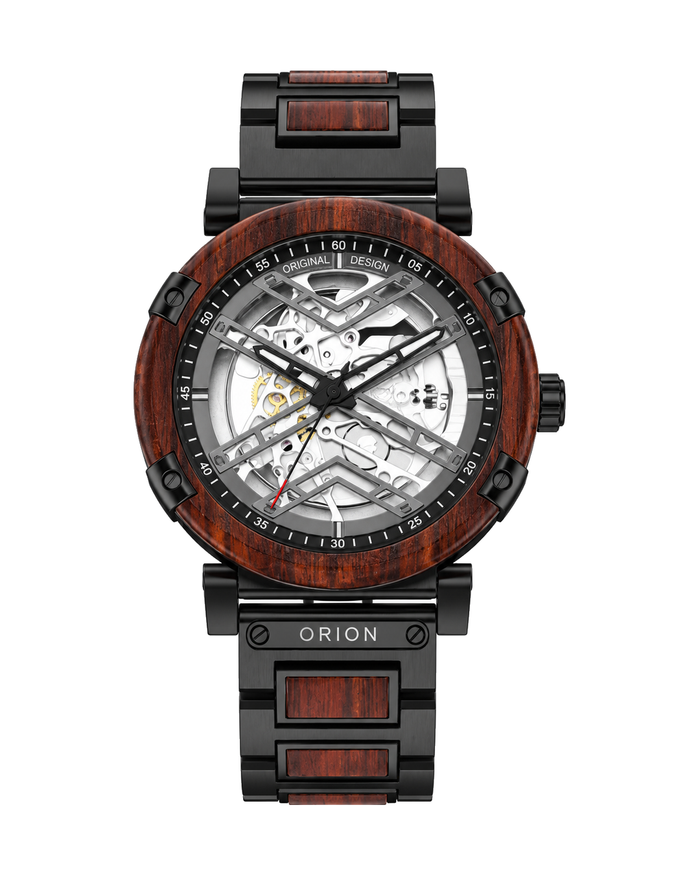 Orion Mars – Automatik-Herrenuhr aus rotem Sandelholz mit Skelett-Zifferblatt