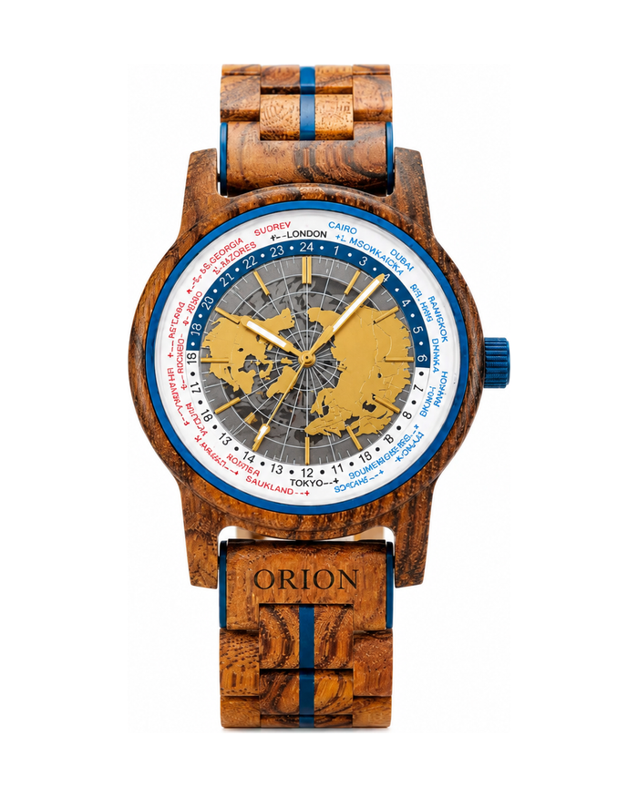 Orion Meridian – Weltzeituhr aus Holz mit Weltkarte