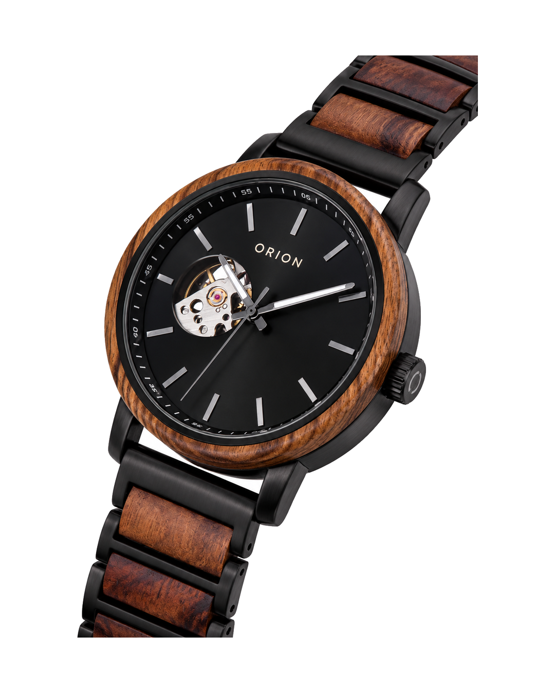 Orion Polaris – Automatik-Herrenuhr aus Tigerwood mit offener Unruh
