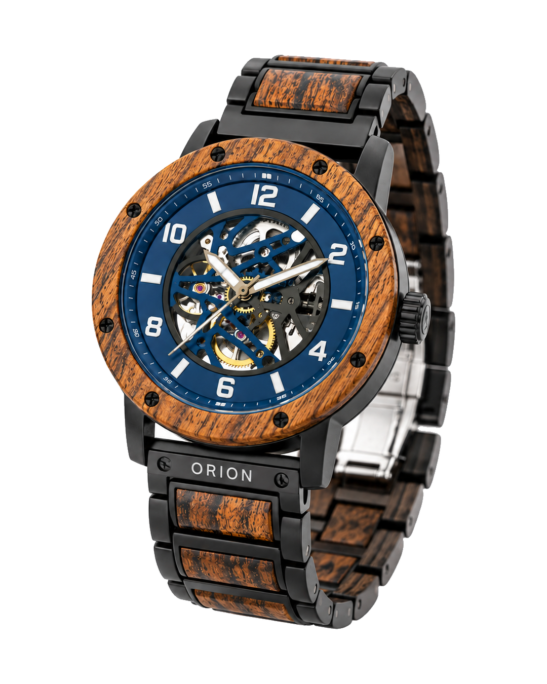 Orion Saphir – Automatik-Herrenuhr aus Holz mit blauem Skelett-Zifferblatt