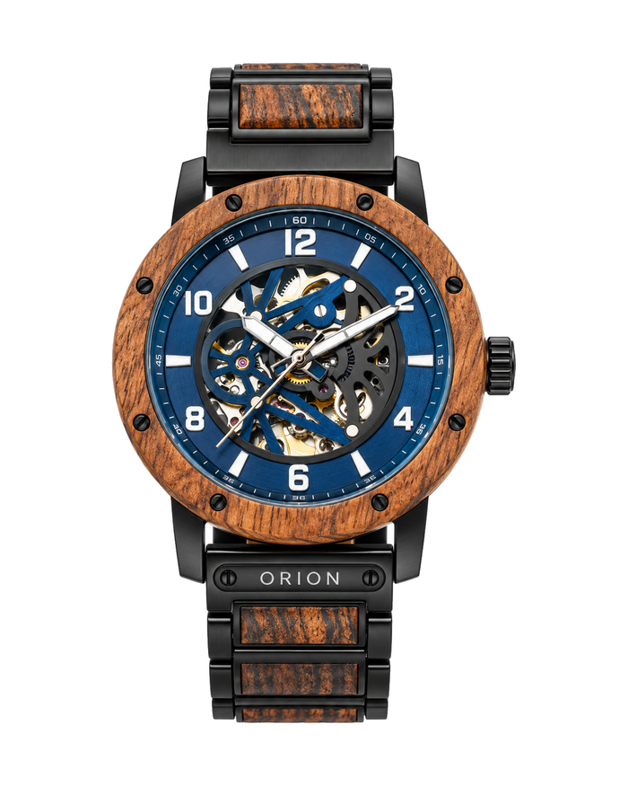 Orion Saphir – Automatik-Herrenuhr aus Holz mit blauem Skelett-Zifferblatt