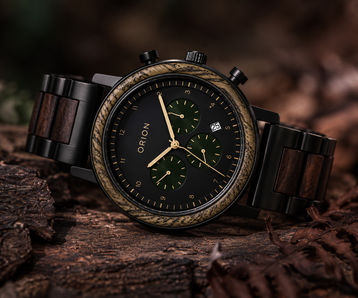Orion Vega – Herren-Chronograph aus Holz mit grünen Totalisatoren