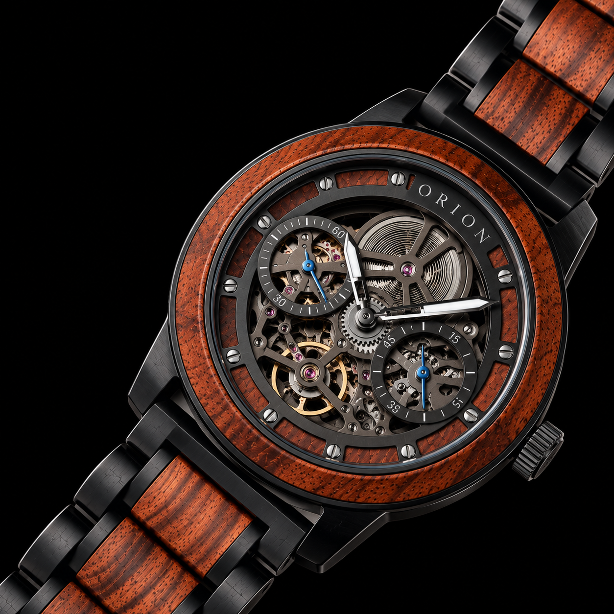 Orion Herrenuhr aus Holz mit Skelett-Zifferblatt und schwarzem Gehäuse